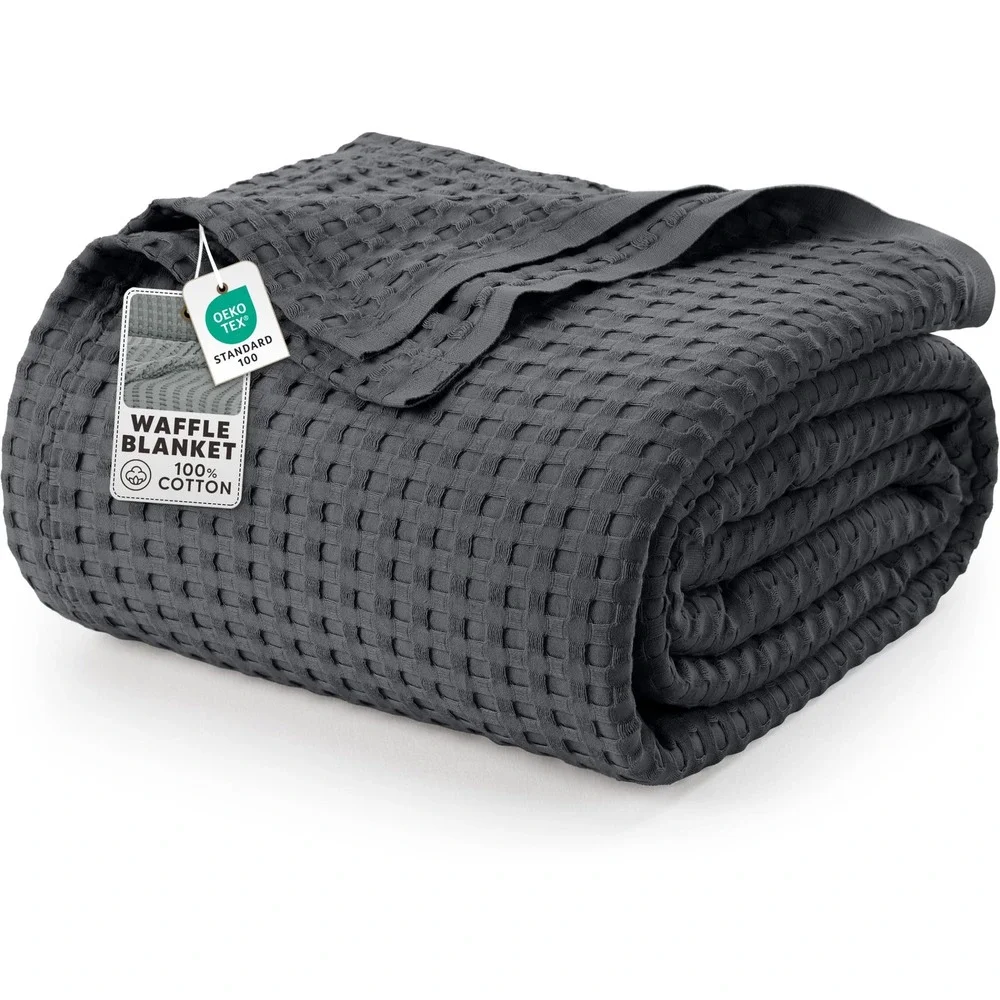 Utopia Waffle Blanket Queen Charcoal 100% Cotton Breathable Lightweight New